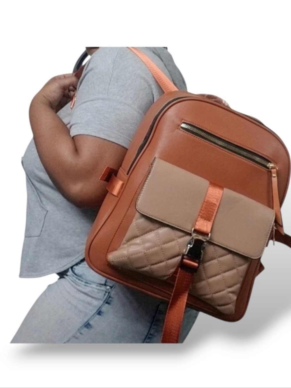Brown and Khaki Large Square Backpack Purse